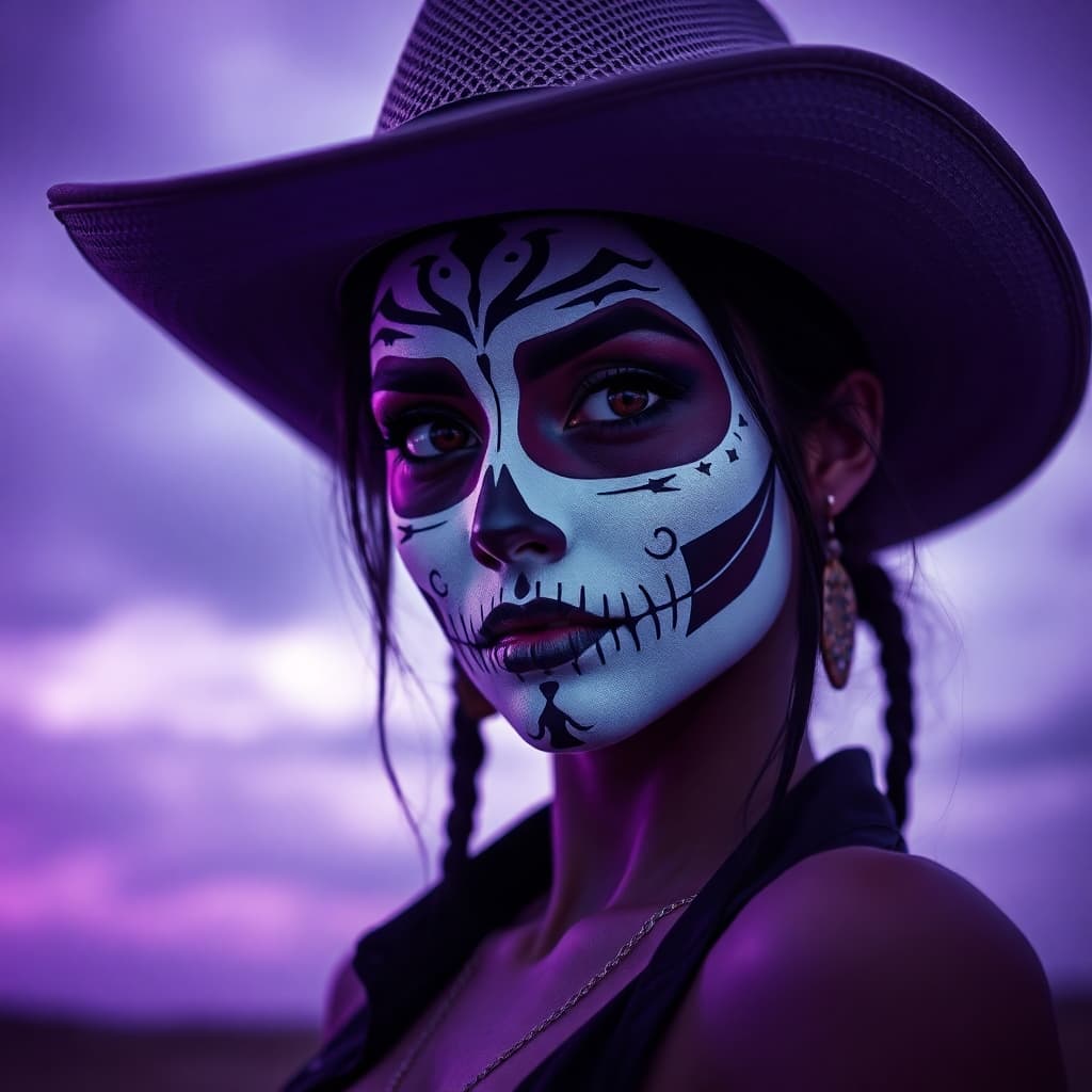 AI generated: Deep ultraviolet hues, tight close-up shot, stunning Latinos woman, white Dia de los Muertos face pa...