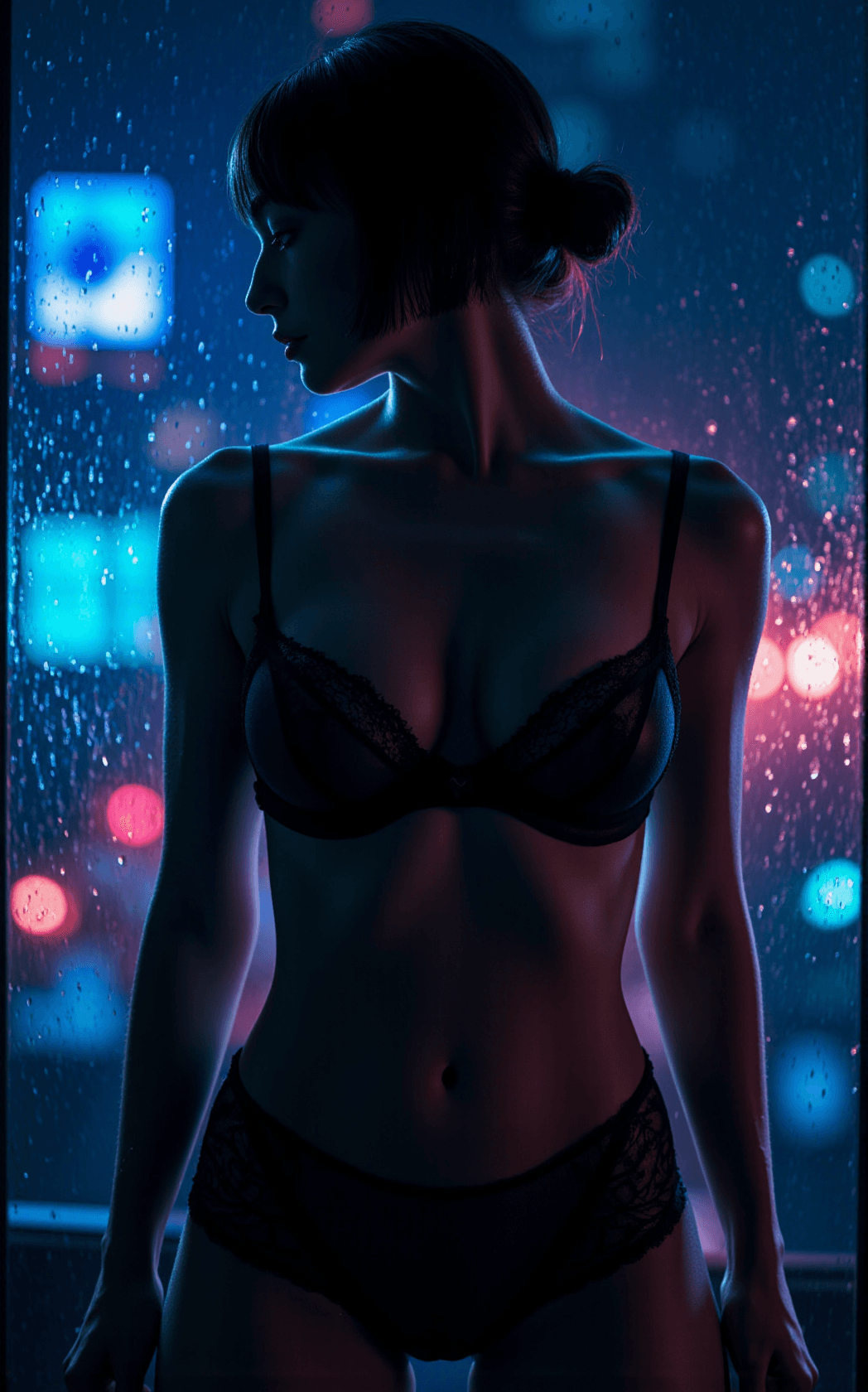 AI generated: A striking woman stands close to a rain-streaked window, her silhouette unmistakable. She has a slee...