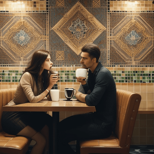 AI generated: A man and a woman are drinking coffee in a coffee shop and background full of mosaic tiles, detailed...