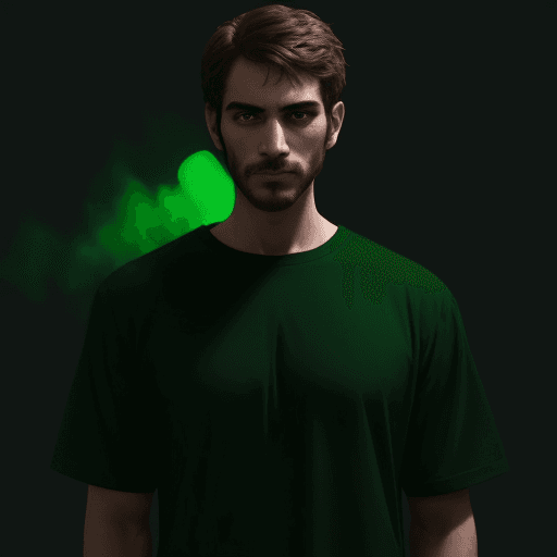 AI generated: /imagine prompt: a man wearing green shirt, wearing black "peci":: arabic::3 blacklight::3  --aspect...