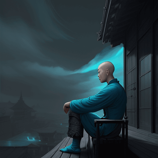 AI generated: painting of a shaolin sitting outdoors, in the style of dark sky-blue and light cyan, ethereal, drea...