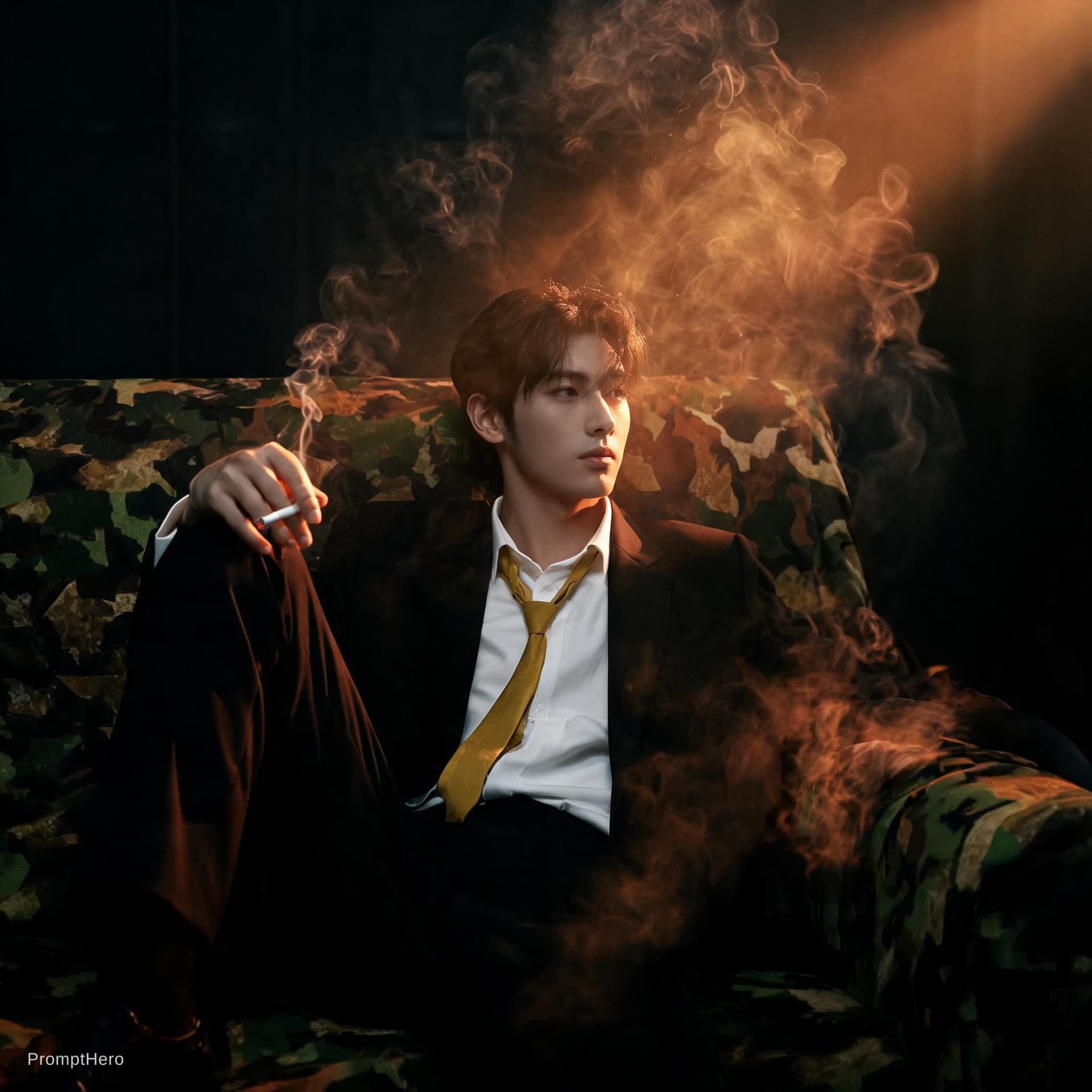 AI generated: photography, cover shoot, dimly lit room with a hazy atmosphere, capturing a professional male model...