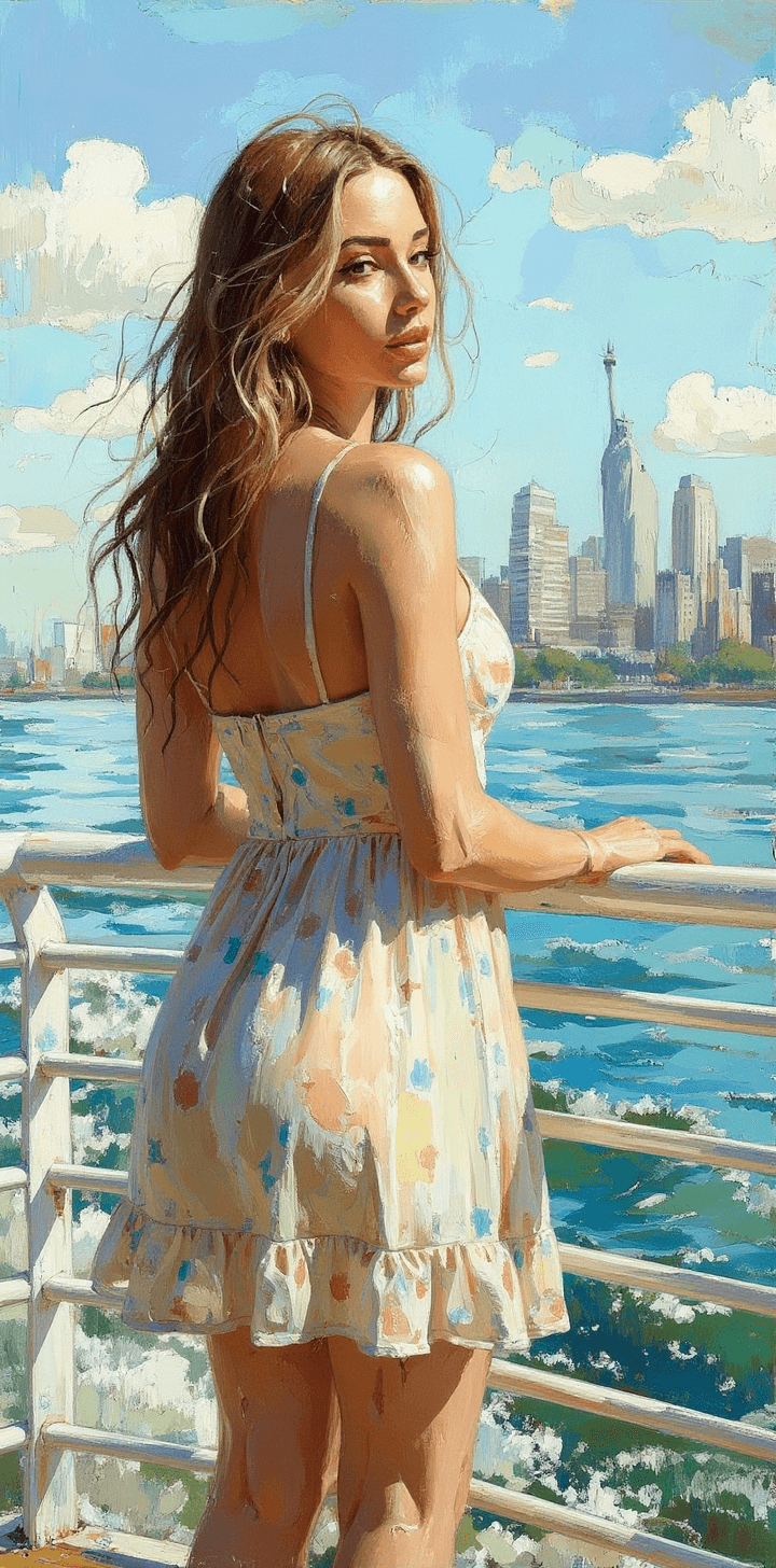 AI generated: a painting of a woman on the Manhattan ferry boat ride, wearing summer dress, looking the view, stat...