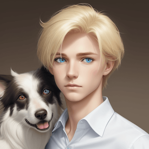 AI generated: man, blond hair, short, blue eyes, white shirt, with dog, border collie, golden eyes, dark brown, ca...