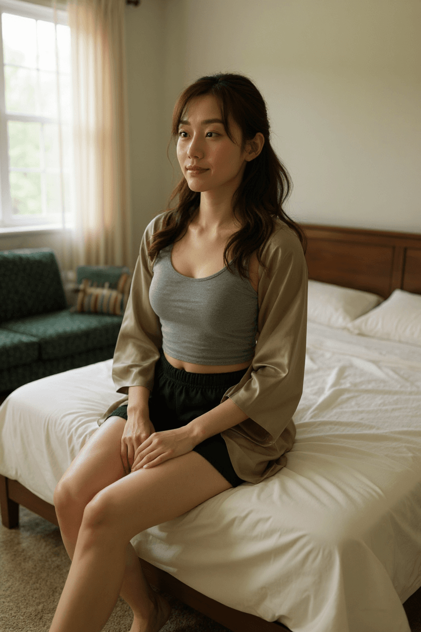 AI generated: A photorealistic full-body shot of the same young East Asian woman back facing the camera from afar,...