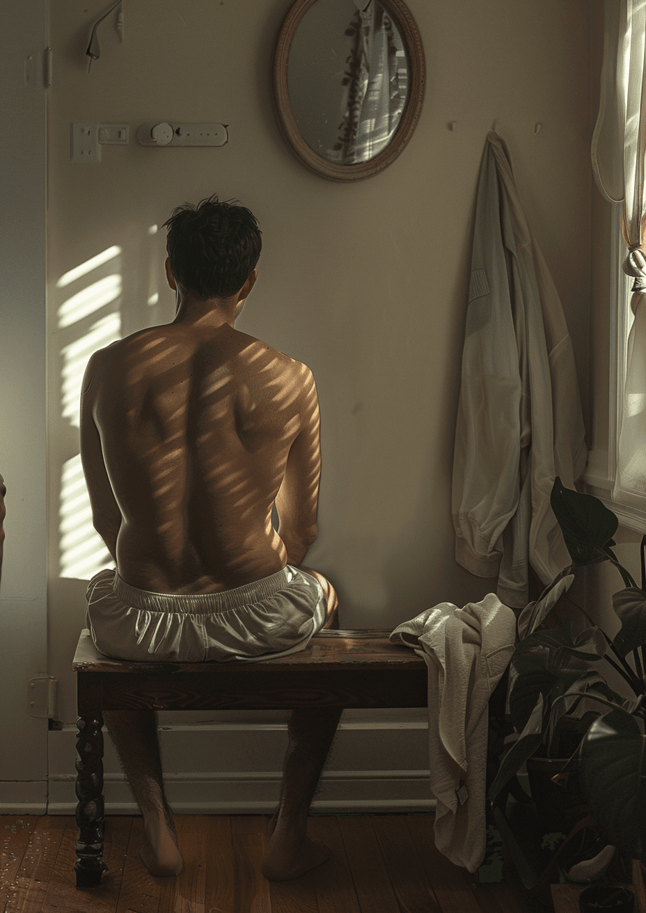 AI generated: a man sitting on a bench in his bedroom is wearing shorts, in the style of trendercore, navy and bei...