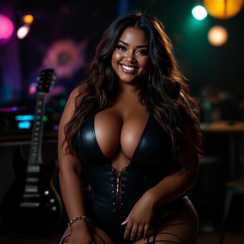 AI generated: Photo of a happy chubby Black woman with long brown hair, wearing a black one-piece high-cut leather...