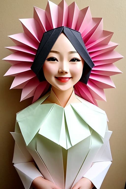 AI generated: origami style beautiful woman smiling, paper:1.5 art, pleated paper, folded, origami art, pleats, cu...