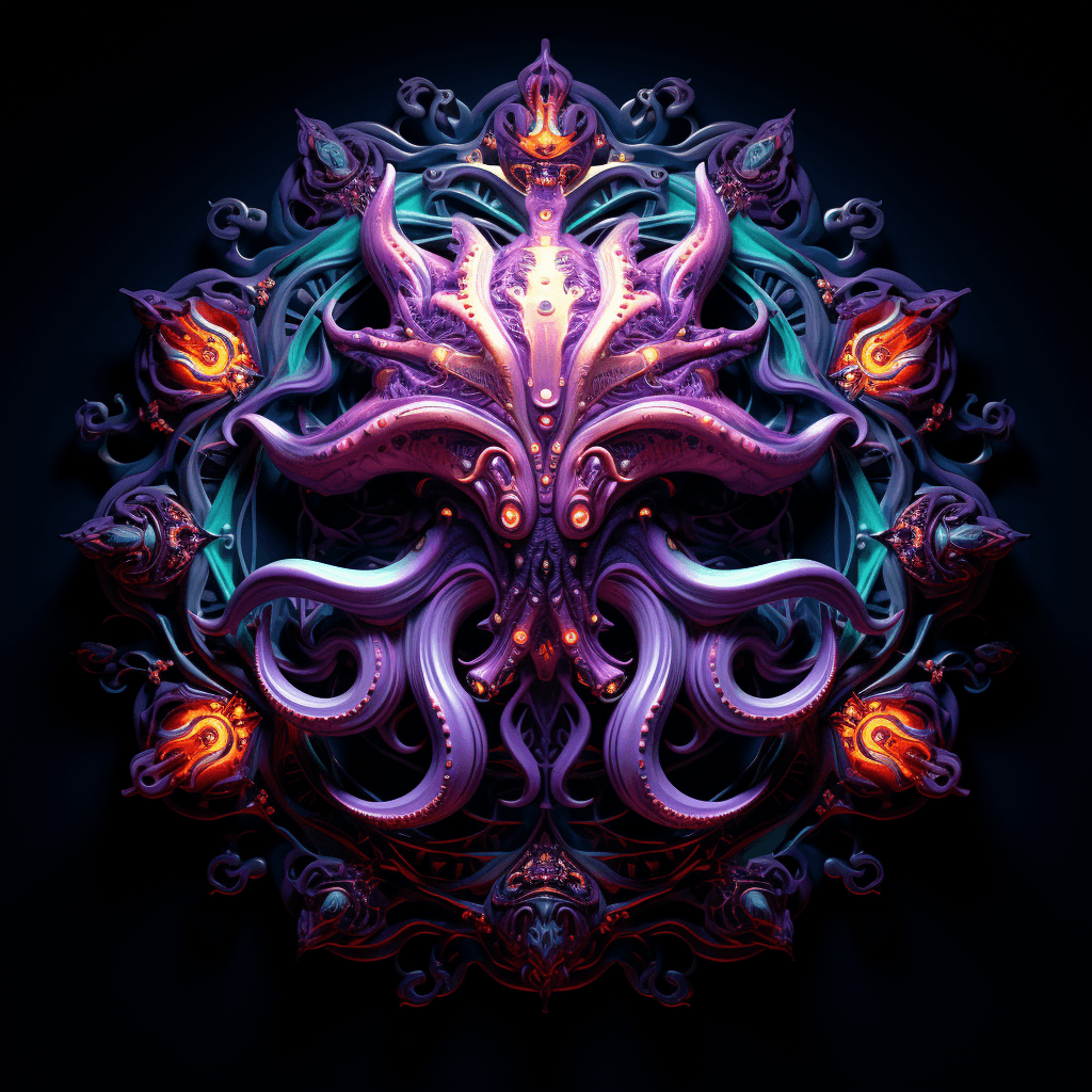 AI generated: Lovecraftian singular Hypnotic Mandala | with tentacles, spikes and nebulas | crystal formations aro...