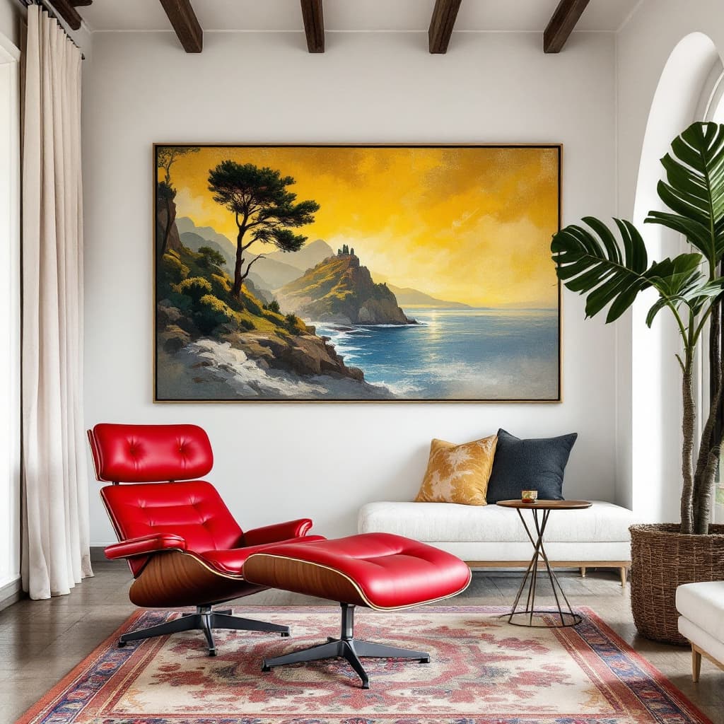 AI generated: Un soggiorno di una villa di Sorrento, nella stanza c'è solo una chaise long di Eames con il relativ...