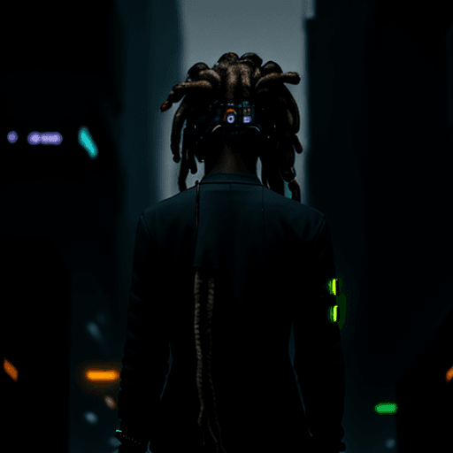 AI generated: A person with dreadlocks standing with their back to a cyberpunk city. Their dreadlocks are wires. T...