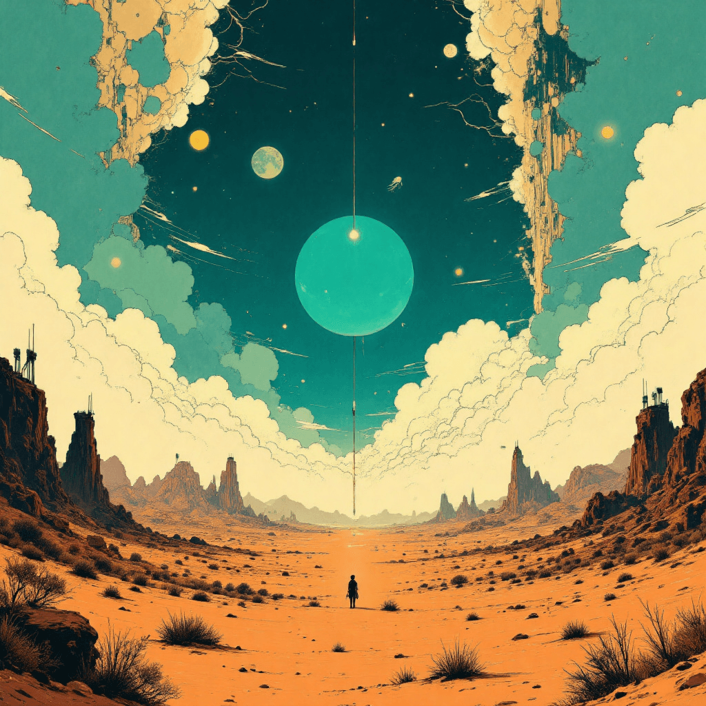 AI generated: A vast surreal desert landscape stretching infinitely, dotted with futuristic monoliths and abandone...