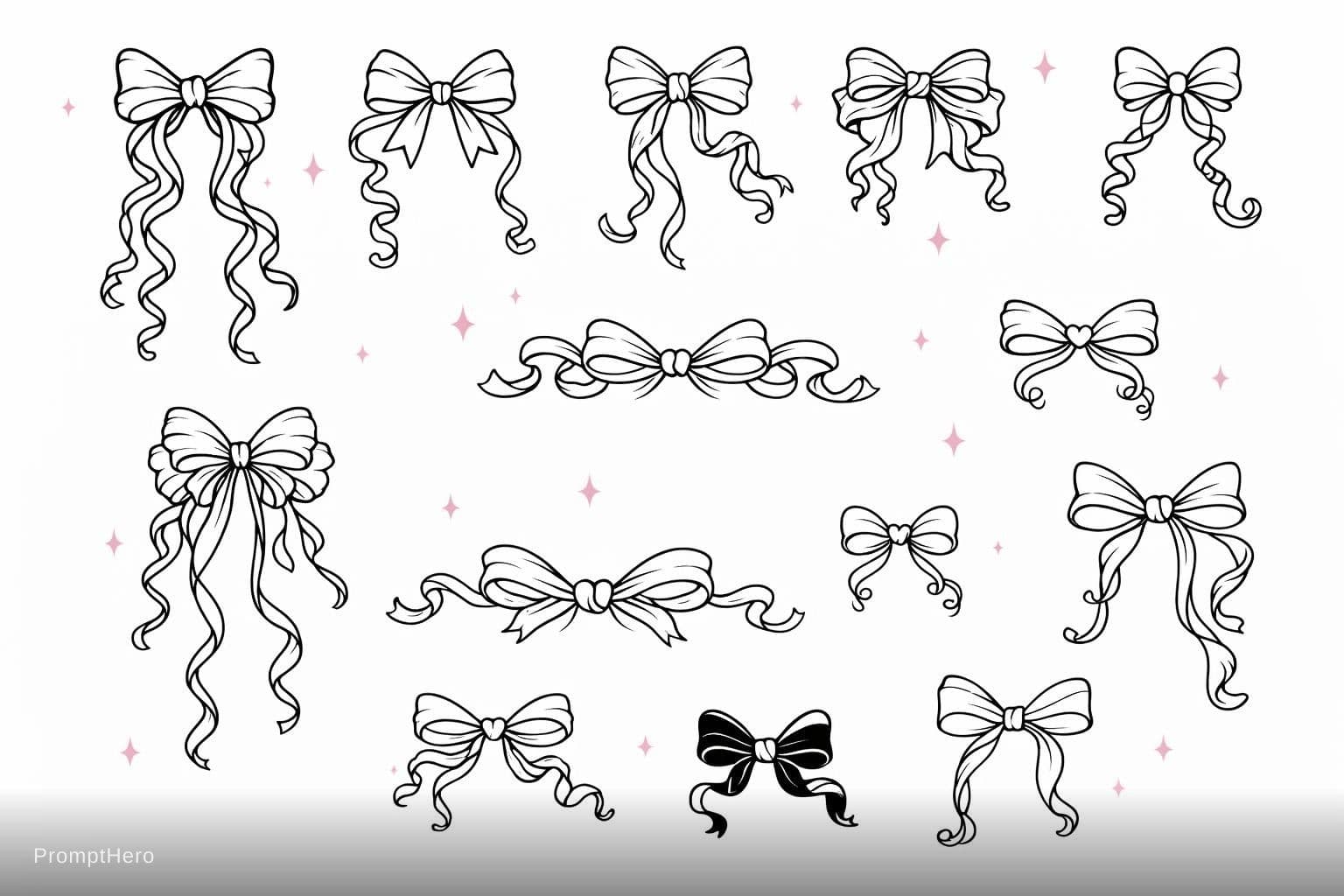 AI generated: Create a clean black and white vector SVG clipart sheet featuring exactly 10 unique hand-drawn bow i...
