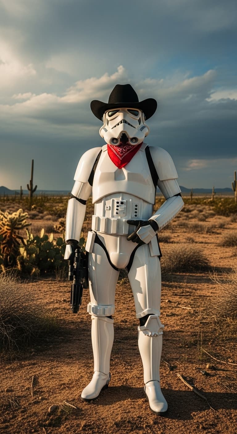 AI generated: stormtrooper in texas ranch wearing a black cowboy hat and red bandana around his neck