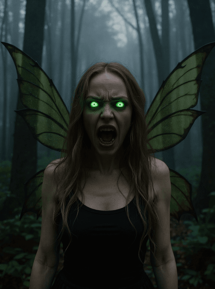 AI generated: Scary evil fairy with wings in the woods, green terrifying eyes, foggy, demonic, unholy, creepy, hor...