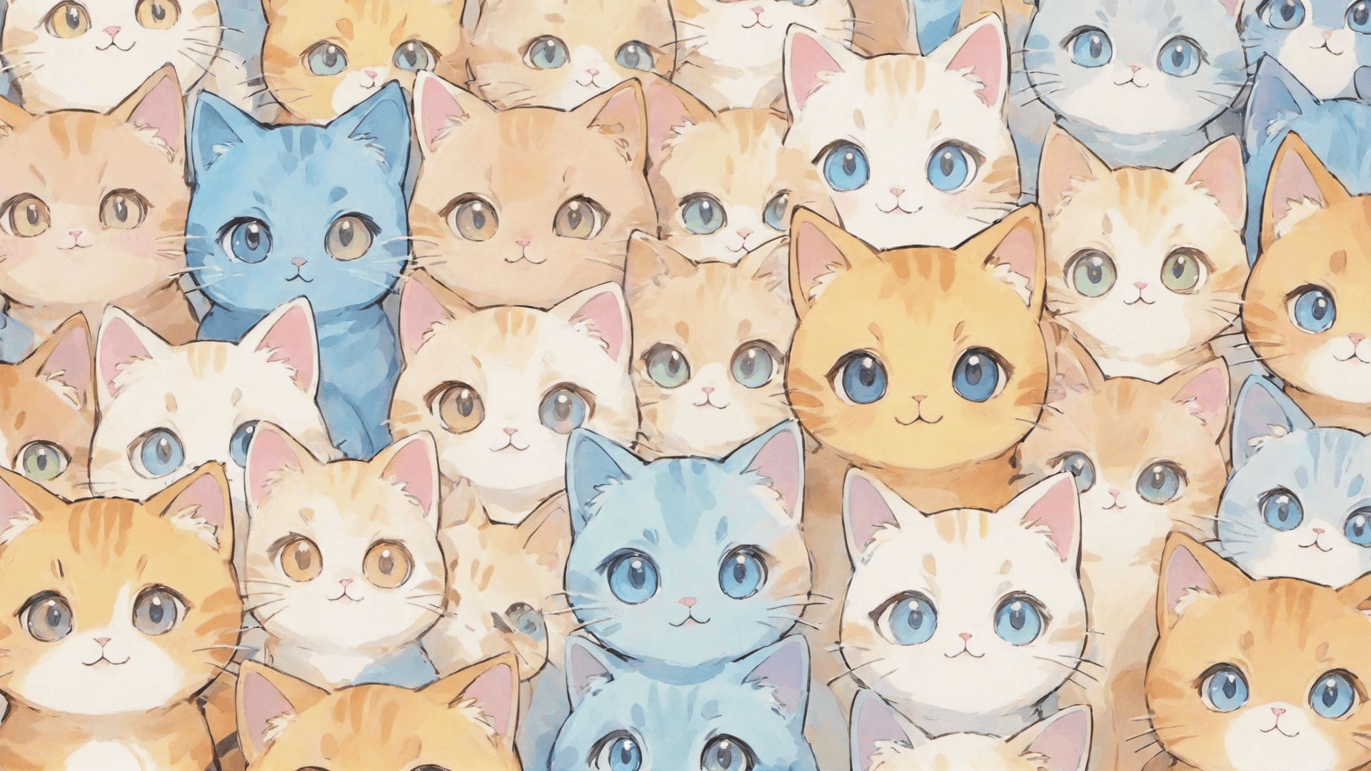 AI generated: zoom background, many cute anime cats, cute eyes, (perfect features:1.1), pastel colours, watercolou...