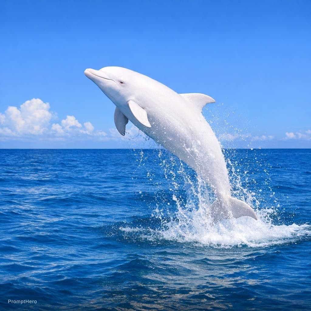 AI generated: mar azul, delfin blanco saltando
