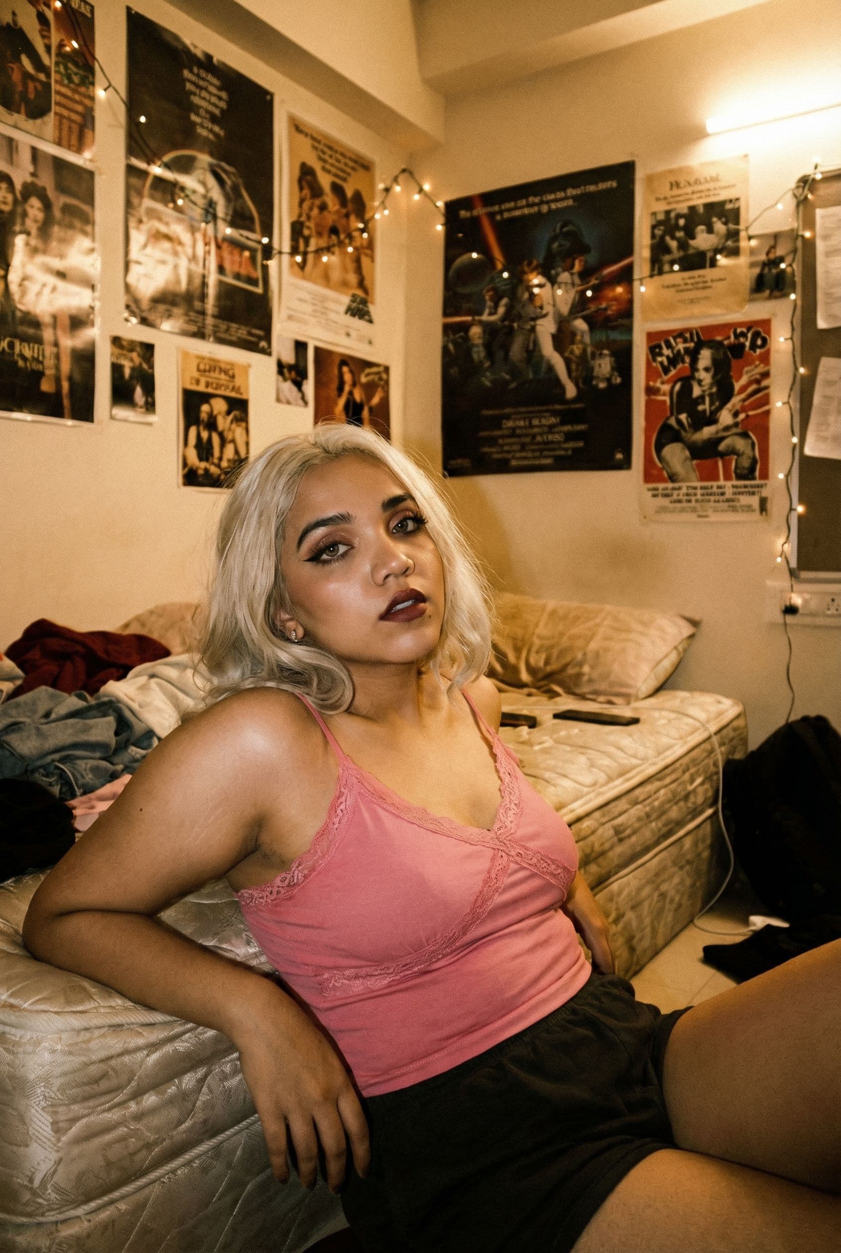 AI generated: A bold retro photograph of a curvy young female with platinum blonde hair and dramatic makeup. She w...
