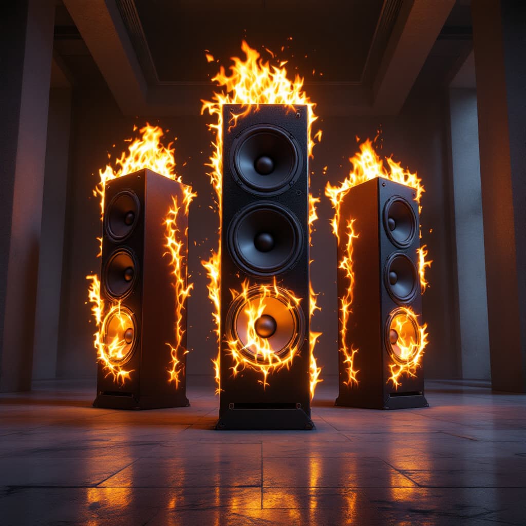 AI generated: multiple tall music speakers with 3 woofers on all sides on fire in a deserted room with dark abstra...