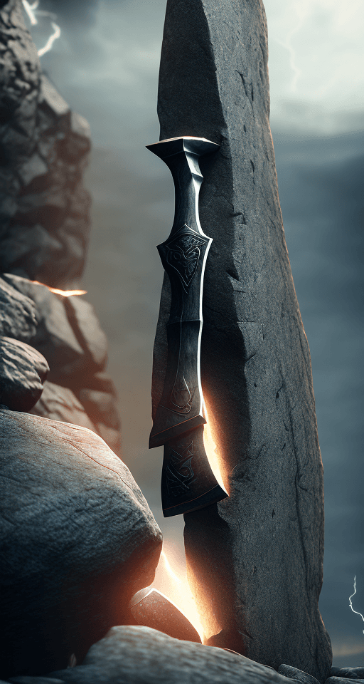 AI generated: Photo of a ultra realistic axe stuck in stone and lightning coming out of stone, dramatic light, cin...