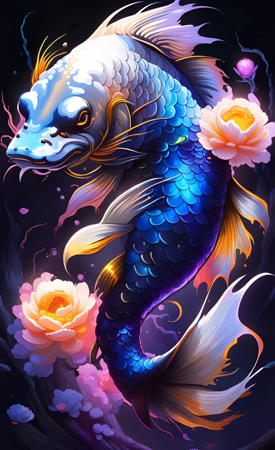 AI generated: koi fish neon gold and white, briliant, stunning, glowing, full view, dark background, blue halo eff...