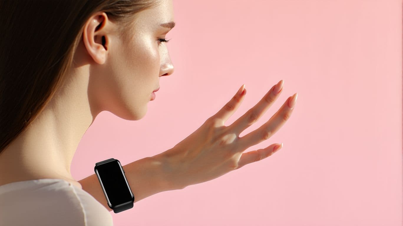 AI generated: Female Hand in profile view, elegant fingers extending outward with natural poise, wrist has a sleek...