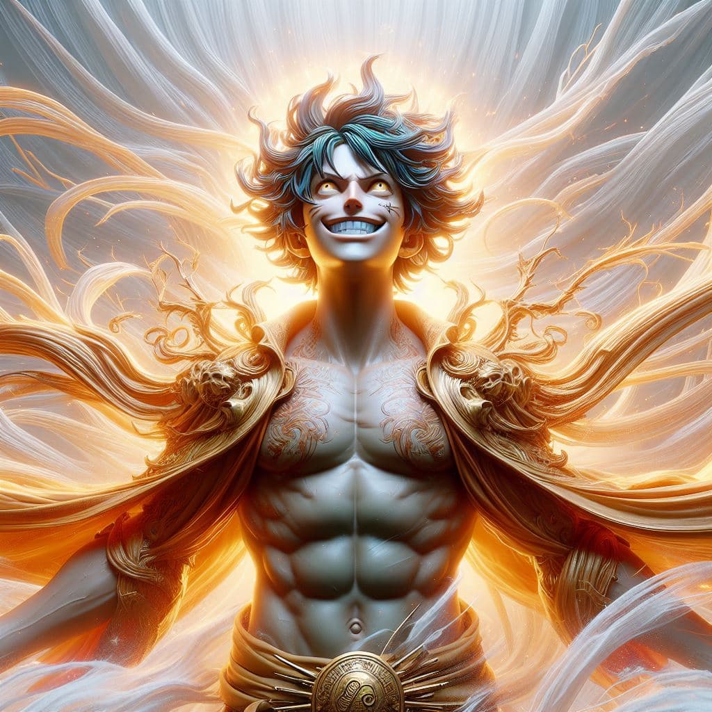 AI generated: a breathtakingly realistic illustration of Luffy in his God Nika form, radiating an otherworldly aur...