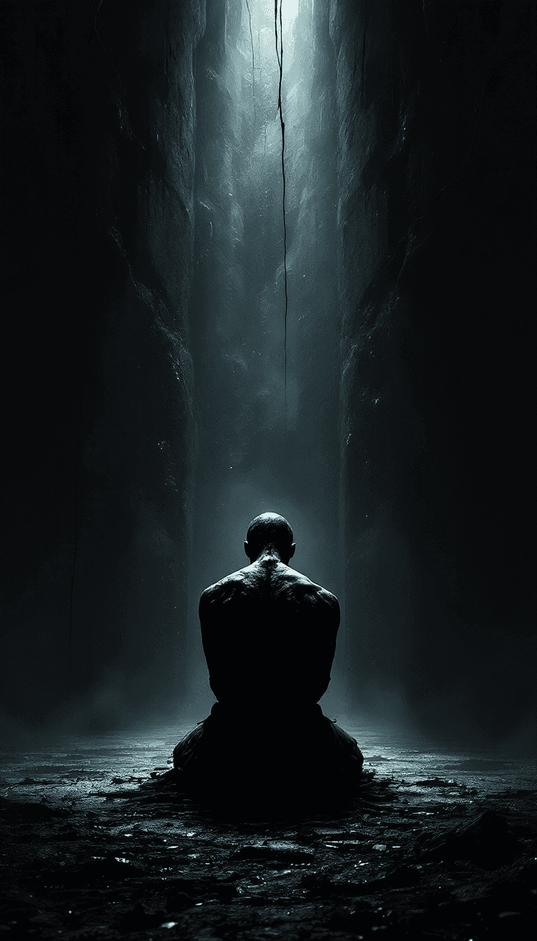 AI generated: alone in the darkness, broken, kneeling and looking down, full body, no face, (psychopathic:0.8) , b...