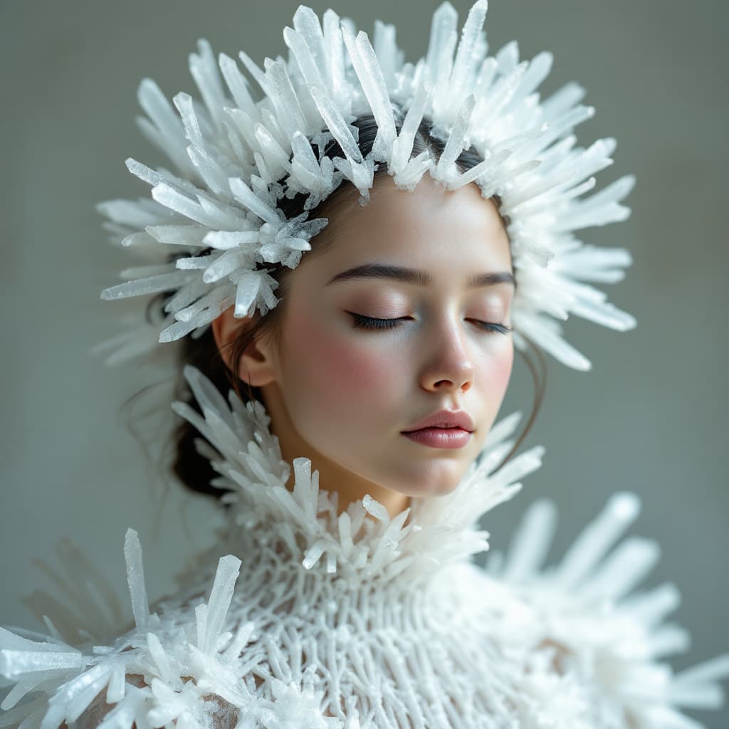 AI generated: A serene portrait of a young girl with closed eyes, dressed in an intricate, textured garment that a...
