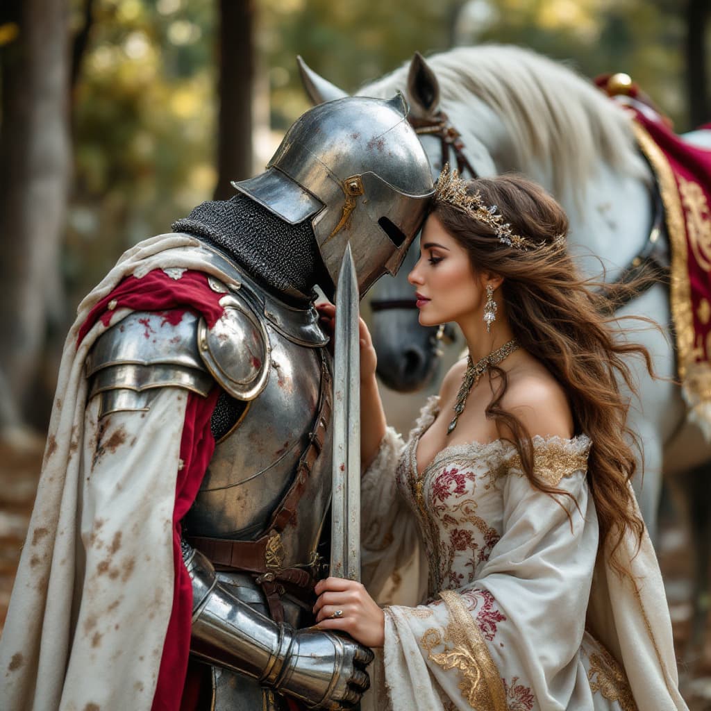 AI generated: An ultra-realistic, zoomed out,  full-body portrait of a noble Knight in battle damaged silver armor...