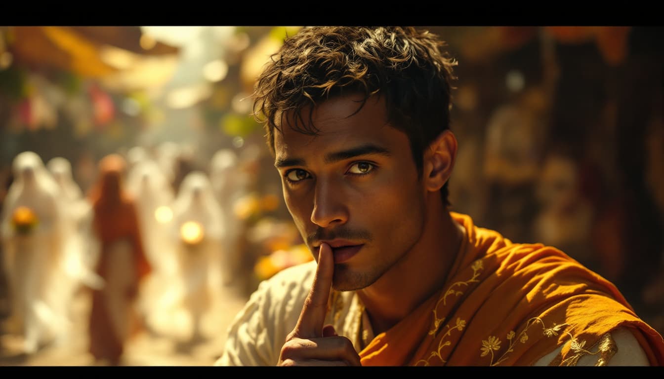 AI generated: hyper realistic Shot The Young man Dreamer presses a hand to their mouth, eyes wide, as merchants ba...