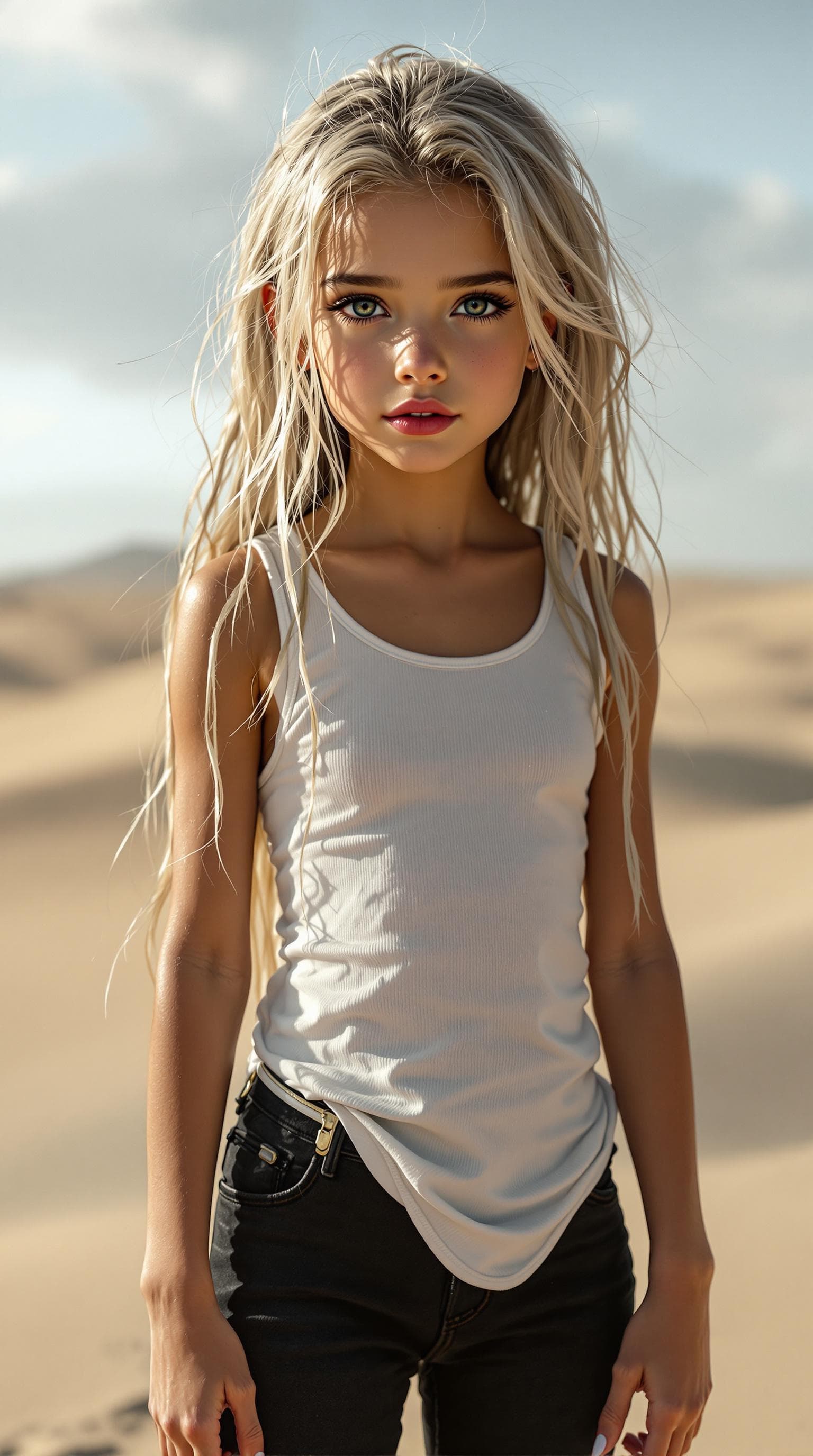 AI generated: a professional photo of a exceptionally beautiful girl in the world (age 7), (seven year old), wet t...