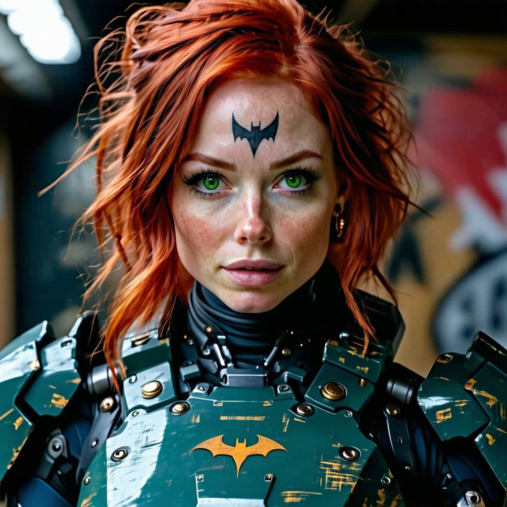 AI generated: Beautiful ((Red head Woman)) with green eyes in Cyberpunk armor with a small bat tattoo beneath her ...