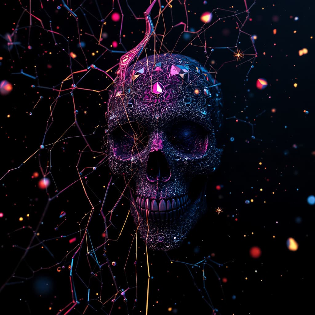 AI generated: walpapper :: skuls :: neon :: dark :: highly detailed :: rendered in octane :: camera footage :: pho...