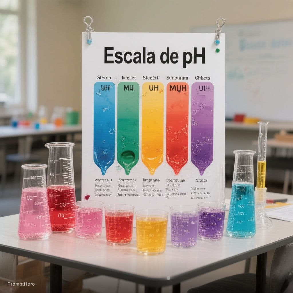AI generated: La imagen muestra una mesa preparada para una actividad o experimento sobre la escala de pH. En el c...