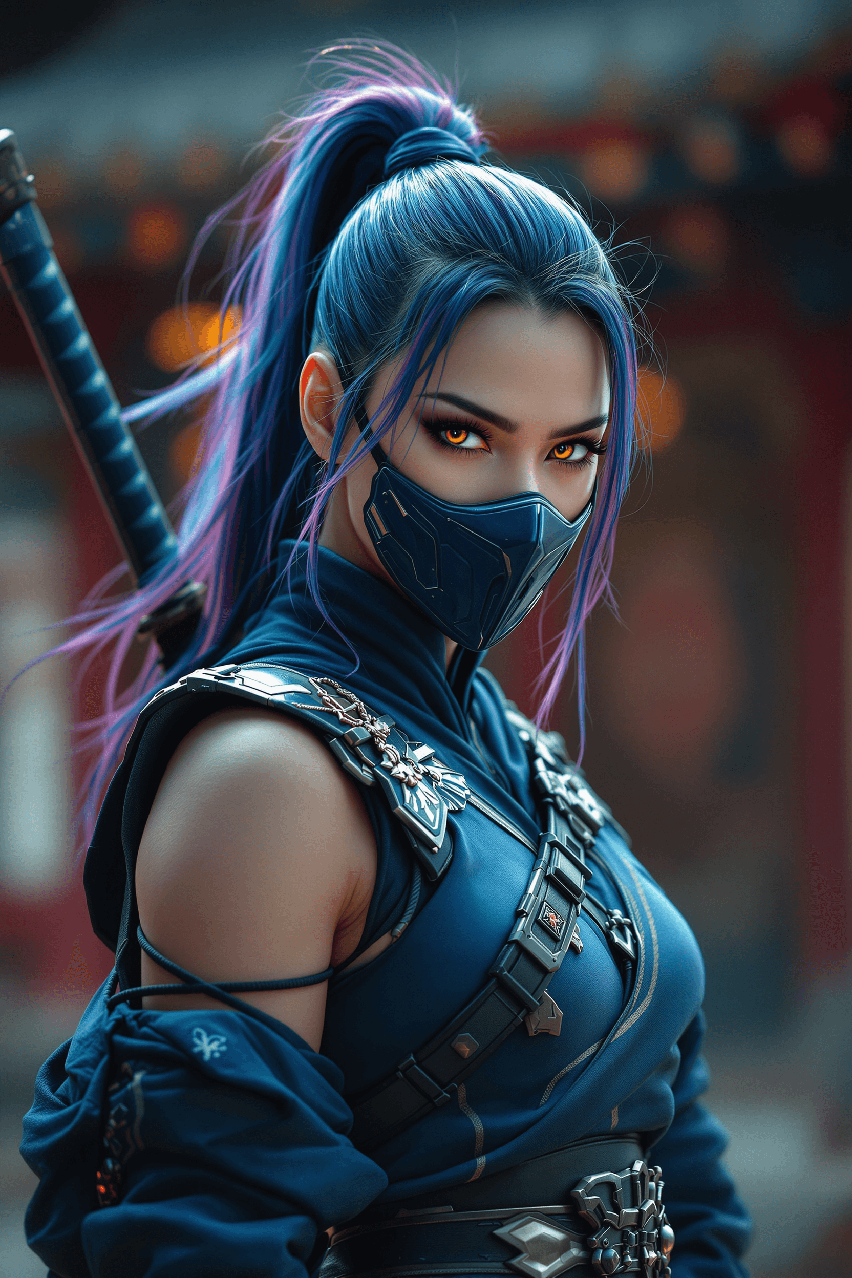 AI generated: A cinematic portrait of a warrior woman inspired by Kitana from Mortal Kombat, her face illuminated ...