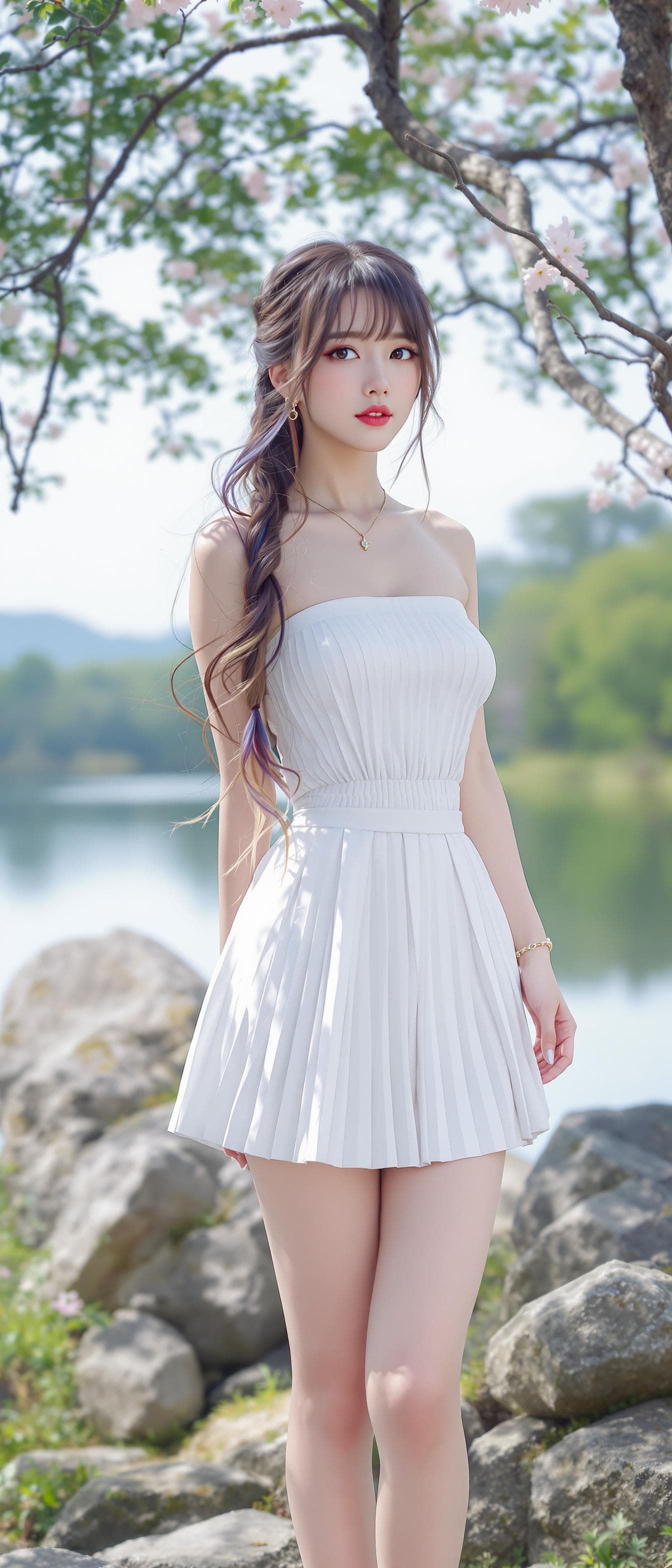 AI generated: hyperrealistic, korean girl, korean ulzzang face, a girl, beautiful, wearing a white strapless, plea...