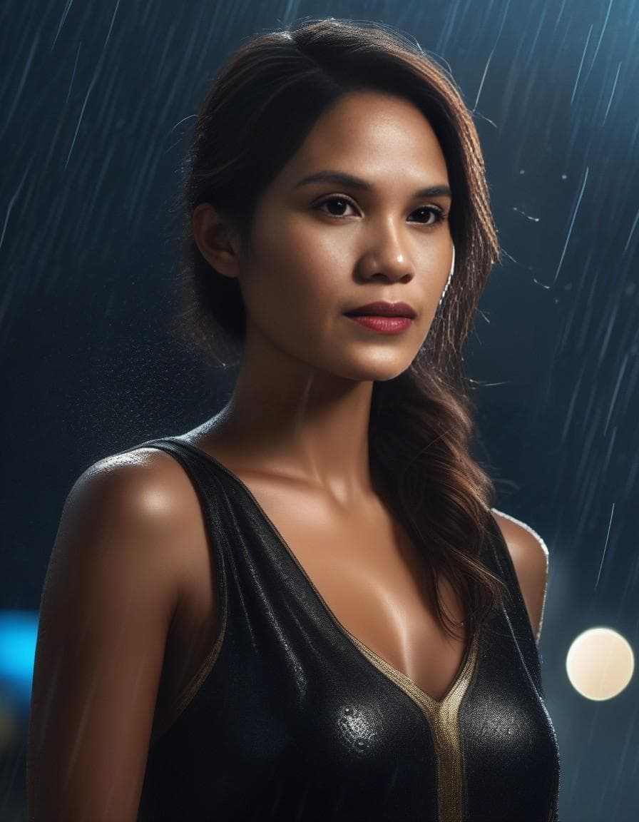 AI generated: women with a focus face, black gold dress . standing in light rain. with realistic drop of rain on h...