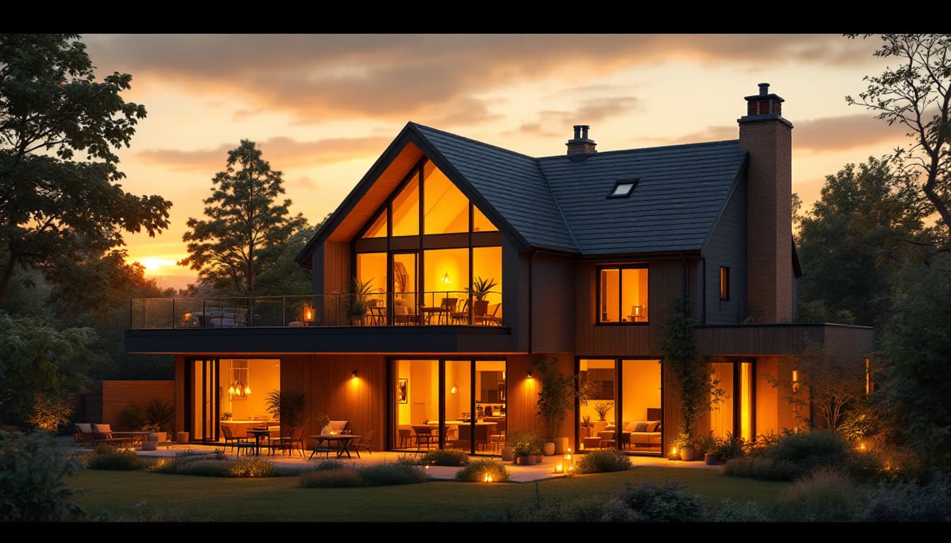 AI generated: Photorealistic image of a modern UK house at dusk, warm glowing lights spilling from the windows. Th...