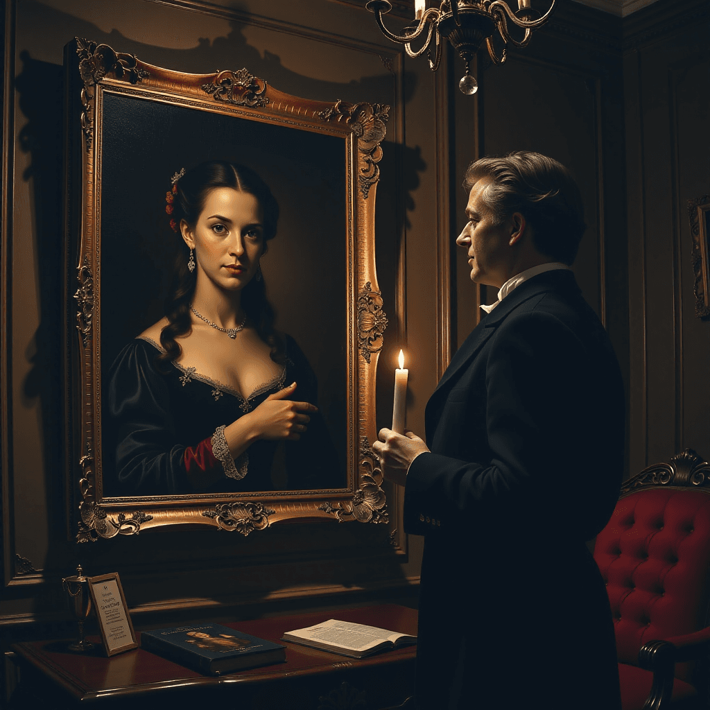 AI generated: Dark Romance: A historian, candle in hand, stares transfixed at a gothic oil portrait of an alluring...