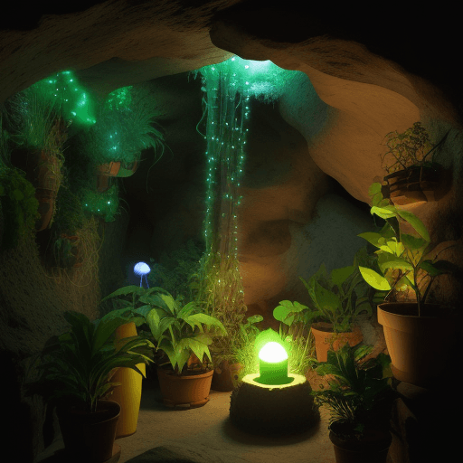 AI generated: Una cueva que tenga plantas luminosas exóticas
