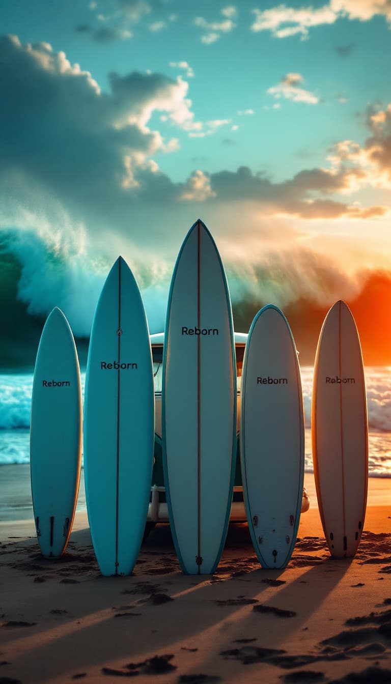 AI generated: A highly detailed distant ,ultra high definition low angle pro photo of a five surfboards standing i...