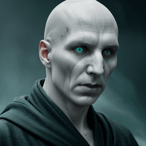AI generated: Voldemort, covered in pale porcelain skin,  glowing snake like eyes, no nose on face, wearing a flow...
