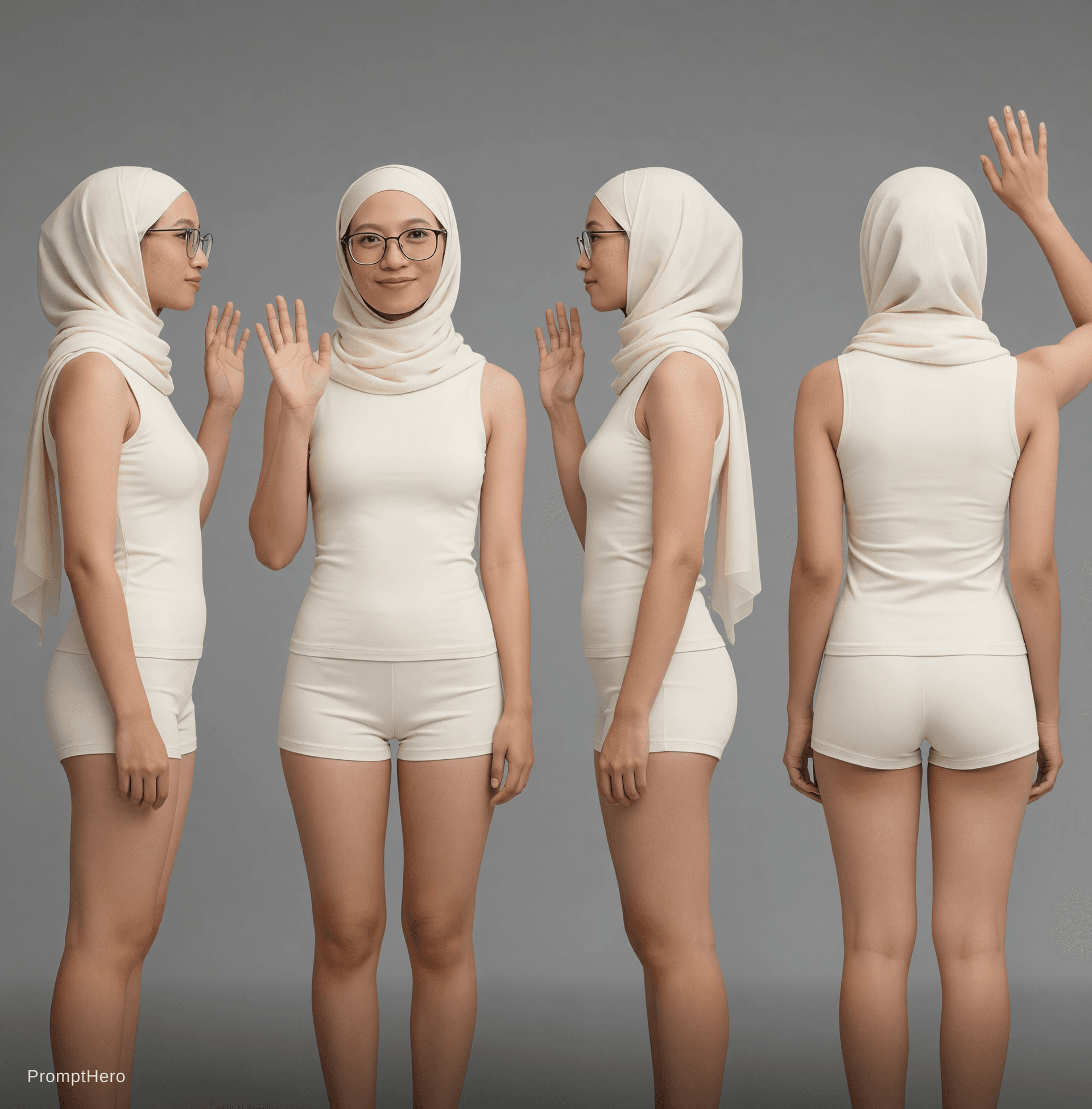 AI generated: Based on reference. Put character hand up. Outfit fit to body silhouette. Sleeveless shirt. Reduced ...