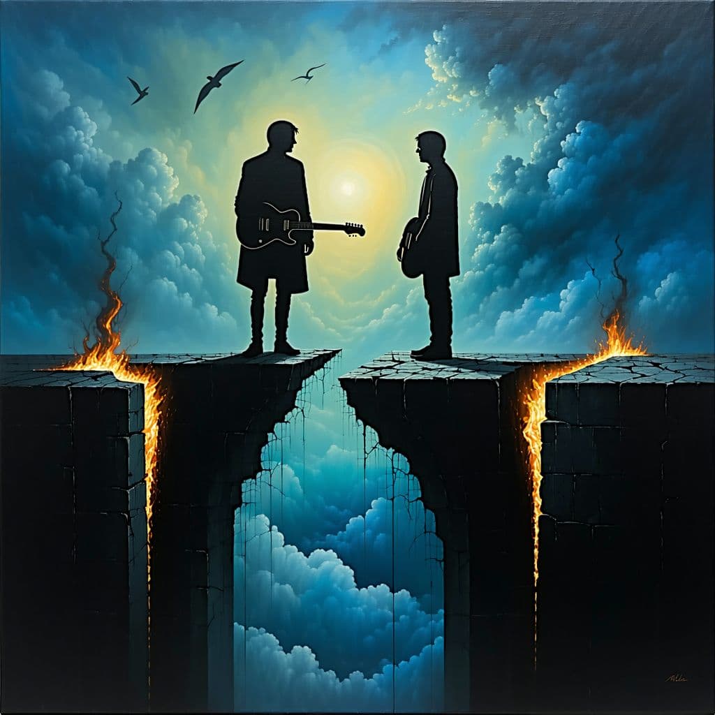 AI generated: A surreal and symbolic album cover depicting two silhouettes facing away from each other on opposite...