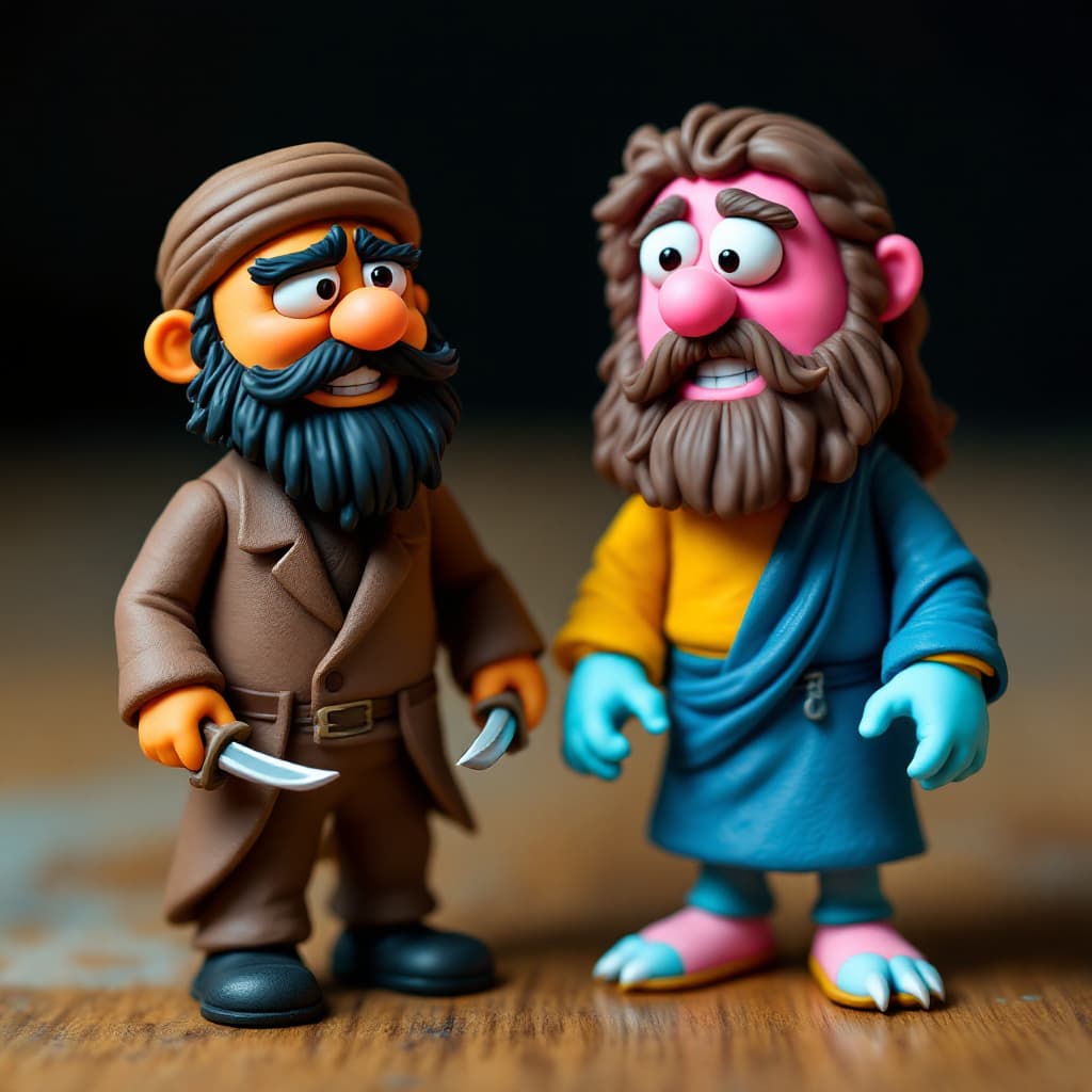 AI generated: Two plasticine figures of a mullah and a Christ, modeled with bright, colorful clay. mullah is depic...