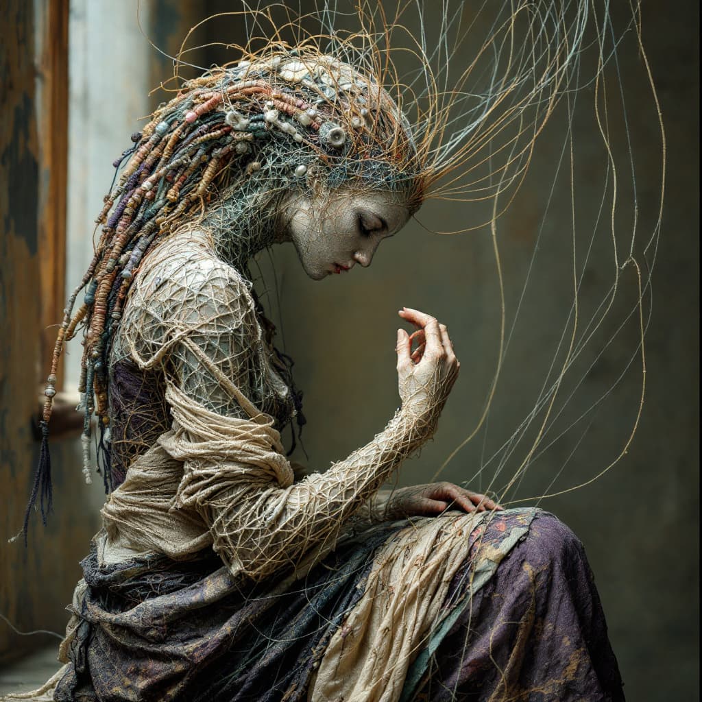 AI generated: A curious thread weaver, where her very form seems to be made of interlinking threads and her clothi...