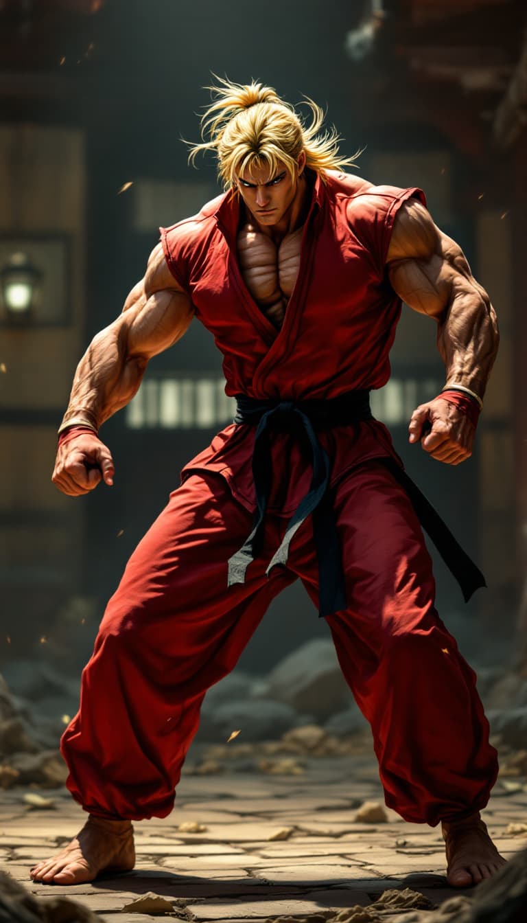 AI generated: **"Ken Masters (Street Fighter) em uma pose poderosa de luta, corpo inteiro, hiper-realista. Cabelos...