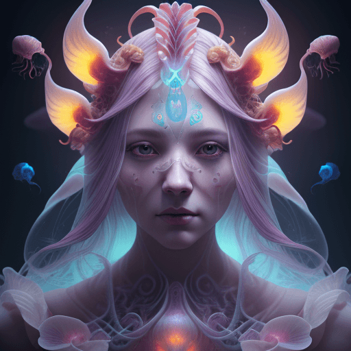 AI generated: Goddess close-up portrait ribcagel. jellyfish phoenix head, nautilus, orchid, skull, betta fish, bio...
