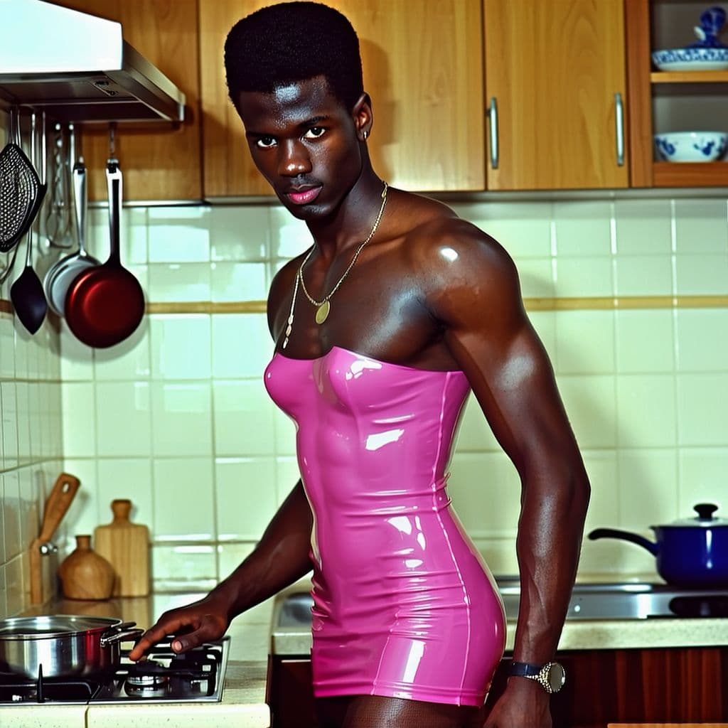 AI generated: 1955,  pin up man, gay cross-dresser, in a kitchen,cooking,homoerotic,shiny, sassy seductive facial ...